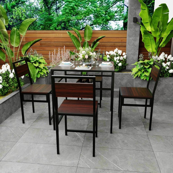 English Elm 4 Piece Industrial Dining Set Walnut Grain Tabletop Black Iron Frame Seats Four W3064S00011