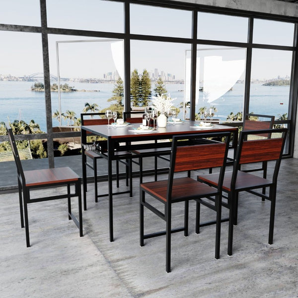 English Elm 6 Piece Industrial Dining Set Walnut Wood Grain Top with Built-In Wine Rack Storage Table + 4 Chairs W3064S00012