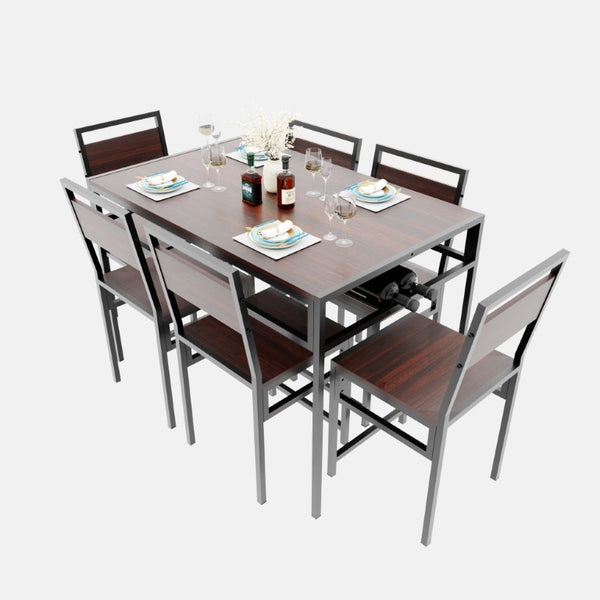 English Elm 6 Piece Industrial Dining Set Walnut Wood Grain Top with Built-In Wine Rack Storage Table + 4 Chairs W3064S00012