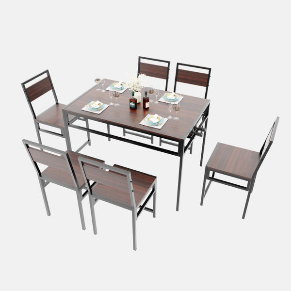 English Elm 6 Piece Industrial Dining Set Walnut Wood Grain Top with Built-In Wine Rack Storage Table + 4 Chairs W3064S00012