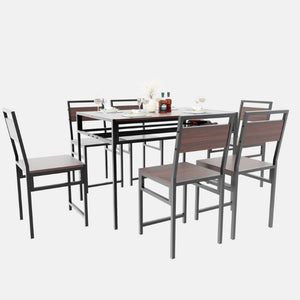 English Elm 6 Piece Industrial Dining Set Walnut Wood Grain Top with Built-In Wine Rack Storage Table + 4 Chairs W3064S00012