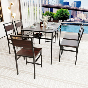English Elm 6 Piece Industrial Dining Set Walnut Wood Grain Top with Built-In Wine Rack Storage Table + 4 Chairs W3064S00012