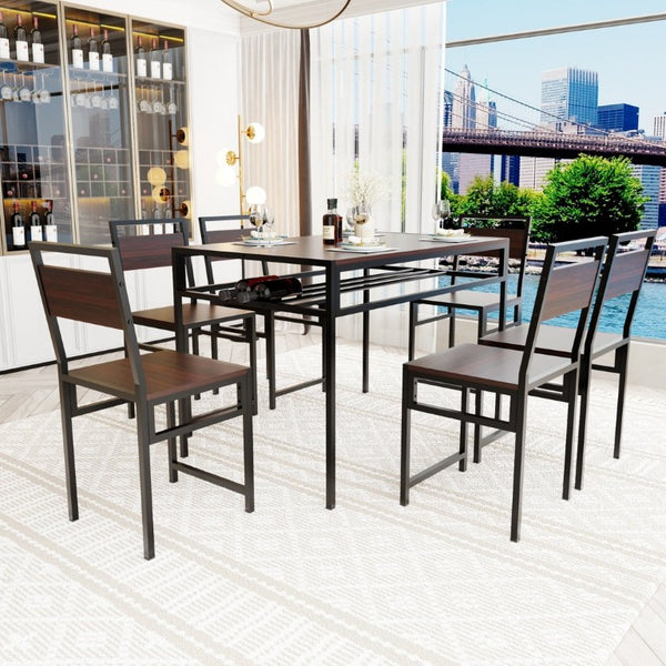 English Elm 6 Piece Industrial Dining Set Walnut Wood Grain Top with Built-In Wine Rack Storage Table + 4 Chairs W3064S00012
