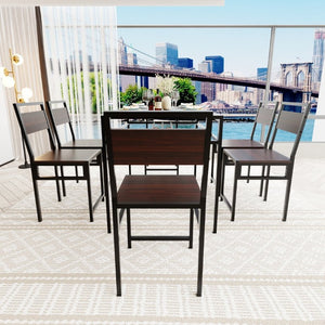 English Elm 6 Piece Industrial Dining Set Walnut Wood Grain Top with Built-In Wine Rack Storage Table + 4 Chairs W3064S00012