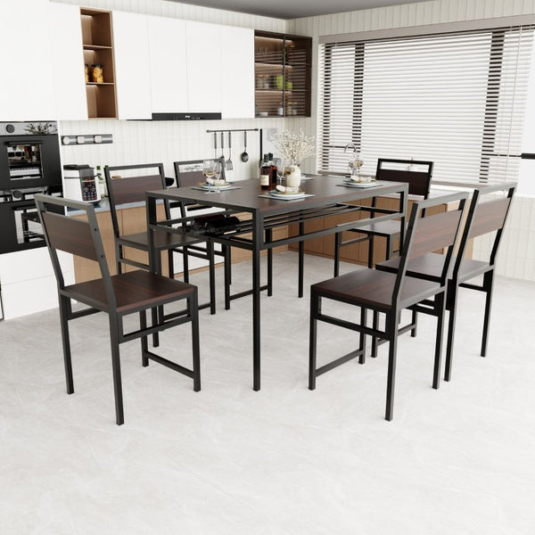 English Elm 6 Piece Industrial Dining Set Walnut Wood Grain Top with Built-In Wine Rack Storage Table + 4 Chairs W3064S00012