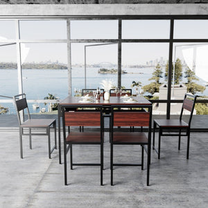 English Elm 6 Piece Industrial Dining Set Walnut Wood Grain Top with Built-In Wine Rack Storage Table + 4 Chairs W3064S00012