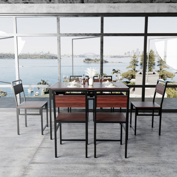 English Elm 6 Piece Industrial Dining Set Walnut Wood Grain Top with Built-In Wine Rack Storage Table + 4 Chairs W3064S00012