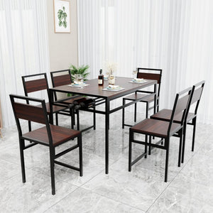English Elm 6 Piece Industrial Dining Set Walnut Wood Grain Top with Built-In Wine Rack Storage Table + 4 Chairs W3064S00012