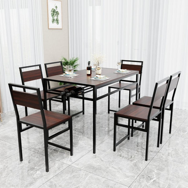 English Elm 6 Piece Industrial Dining Set Walnut Wood Grain Top with Built-In Wine Rack Storage Table + 4 Chairs W3064S00012