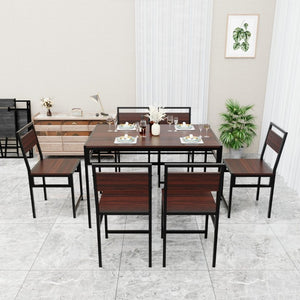 English Elm 6 Piece Industrial Dining Set Walnut Wood Grain Top with Built-In Wine Rack Storage Table + 4 Chairs W3064S00012
