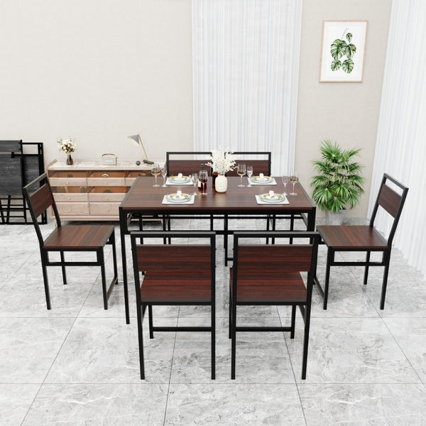 English Elm 6 Piece Industrial Dining Set Walnut Wood Grain Top with Built-In Wine Rack Storage Table + 4 Chairs W3064S00012