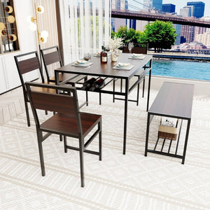 English Elm 6 Piece Industrial Dining Set Walnut Wood Grain Top with Built-In Wine Rack Storage Table + 4 Chairs + 1 Bench W3064S00013
