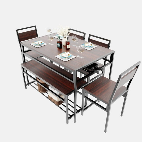 English Elm 6 Piece Industrial Dining Set Walnut Wood Grain Top with Built-In Wine Rack Storage Table + 4 Chairs + 1 Bench W3064S00013