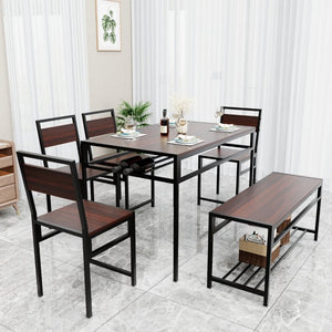 English Elm 6 Piece Industrial Dining Set Walnut Wood Grain Top with Built-In Wine Rack Storage Table + 4 Chairs + 1 Bench W3064S00013