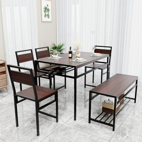 English Elm 6 Piece Industrial Dining Set Walnut Wood Grain Top with Built-In Wine Rack Storage Table + 4 Chairs + 1 Bench W3064S00013