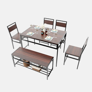 English Elm 6 Piece Industrial Dining Set Walnut Wood Grain Top with Built-In Wine Rack Storage Table + 4 Chairs + 1 Bench W3064S00013