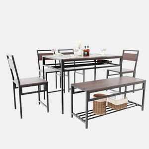 English Elm 6 Piece Industrial Dining Set Walnut Wood Grain Top with Built-In Wine Rack Storage Table + 4 Chairs + 1 Bench W3064S00013