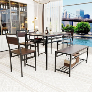 English Elm 6 Piece Industrial Dining Set Walnut Wood Grain Top with Built-In Wine Rack Storage Table + 4 Chairs + 1 Bench W3064S00013