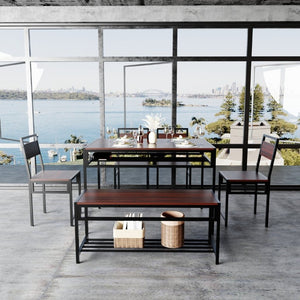 English Elm 6 Piece Industrial Dining Set Walnut Wood Grain Top with Built-In Wine Rack Storage Table + 4 Chairs + 1 Bench W3064S00013