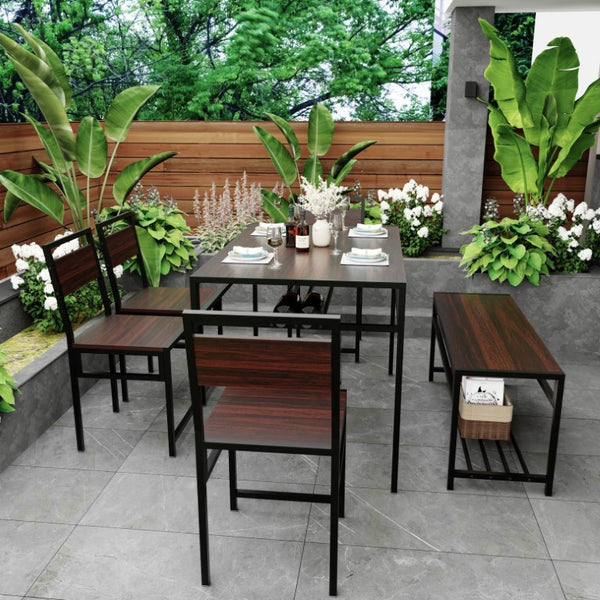 English Elm 6 Piece Industrial Dining Set Walnut Wood Grain Top with Built-In Wine Rack Storage Table + 4 Chairs + 1 Bench W3064S00013