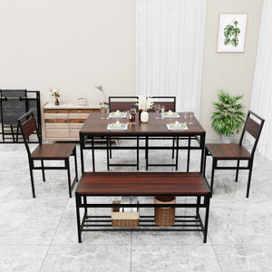 English Elm 6 Piece Industrial Dining Set Walnut Wood Grain Top with Built-In Wine Rack Storage Table + 4 Chairs + 1 Bench W3064S00013