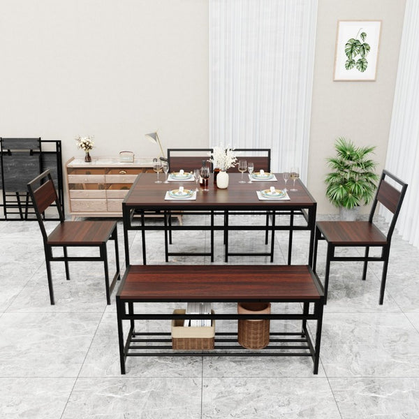 English Elm 6 Piece Industrial Dining Set Walnut Wood Grain Top with Built-In Wine Rack Storage Table + 4 Chairs + 1 Bench W3064S00013