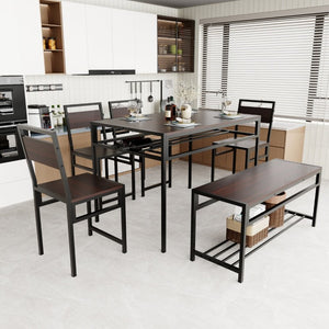 English Elm 6 Piece Industrial Dining Set Walnut Wood Grain Top with Built-In Wine Rack Storage Table + 4 Chairs + 1 Bench W3064S00013