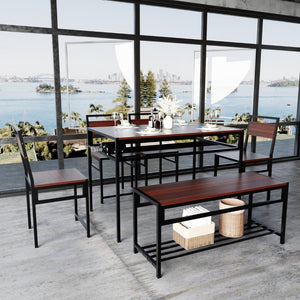 English Elm 6 Piece Industrial Dining Set Walnut Wood Grain Top with Built-In Wine Rack Storage Table + 4 Chairs + 1 Bench W3064S00013