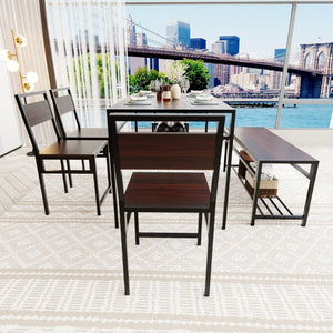 English Elm 6 Piece Industrial Dining Set Walnut Wood Grain Top with Built-In Wine Rack Storage Table + 4 Chairs + 1 Bench W3064S00013