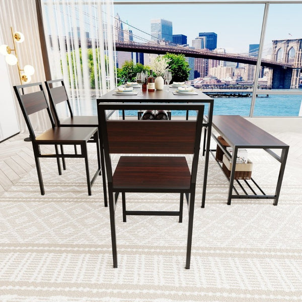 English Elm 6 Piece Industrial Dining Set Walnut Wood Grain Top with Built-In Wine Rack Storage Table + 4 Chairs + 1 Bench W3064S00013