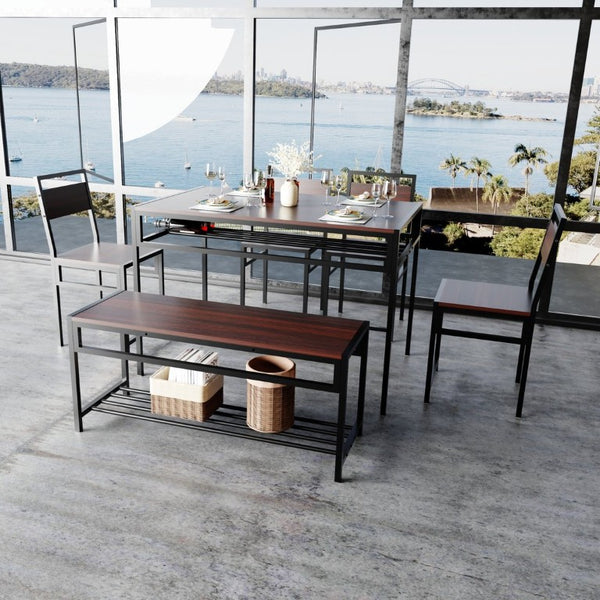 English Elm 6 Piece Industrial Dining Set Walnut Wood Grain Top with Built-In Wine Rack Storage Table + 4 Chairs + 1 Bench W3064S00013