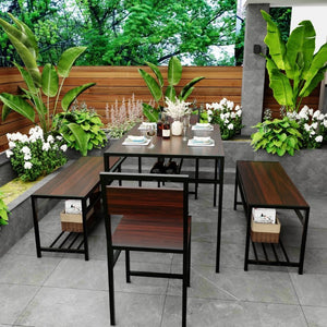 English Elm 6 Piece Industrial Dining Set Walnut Wood Grain Top with Built-In Wine Rack Storage Table + 2 Chairs + 2 Benches W3064S00014
