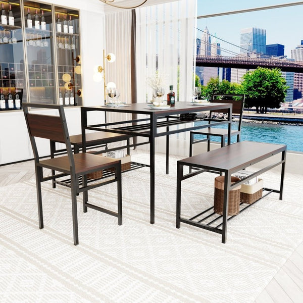 English Elm 6 Piece Industrial Dining Set Walnut Wood Grain Top with Built-In Wine Rack Storage Table + 2 Chairs + 2 Benches W3064S00014