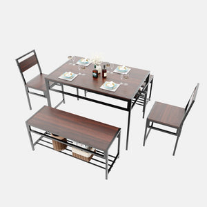 English Elm 6 Piece Industrial Dining Set Walnut Wood Grain Top with Built-In Wine Rack Storage Table + 2 Chairs + 2 Benches W3064S00014