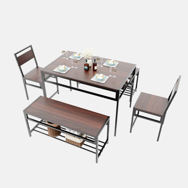 English Elm 6 Piece Industrial Dining Set Walnut Wood Grain Top with Built-In Wine Rack Storage Table + 2 Chairs + 2 Benches W3064S00014