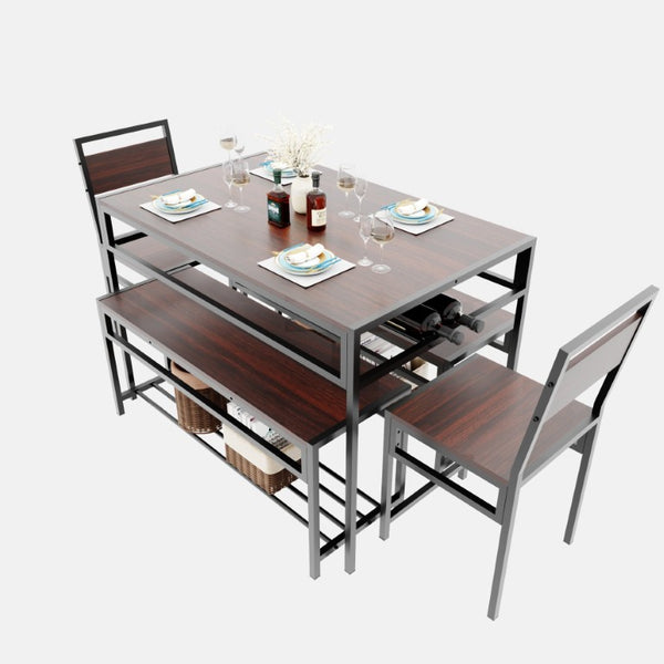English Elm 6 Piece Industrial Dining Set Walnut Wood Grain Top with Built-In Wine Rack Storage Table + 2 Chairs + 2 Benches W3064S00014