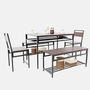 English Elm 6 Piece Industrial Dining Set Walnut Wood Grain Top with Built-In Wine Rack Storage Table + 2 Chairs + 2 Benches W3064S00014