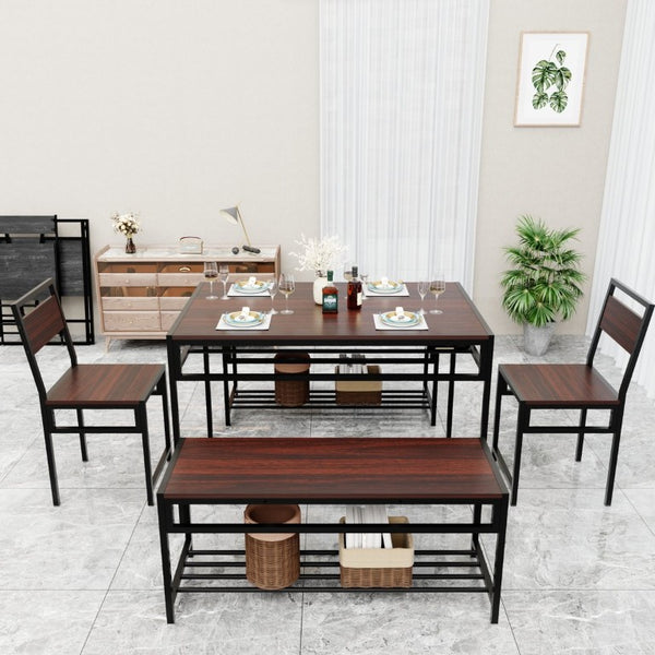English Elm 6 Piece Industrial Dining Set Walnut Wood Grain Top with Built-In Wine Rack Storage Table + 2 Chairs + 2 Benches W3064S00014