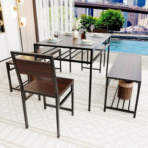 English Elm 6 Piece Industrial Dining Set Walnut Wood Grain Top with Built-In Wine Rack Storage Table + 2 Chairs + 2 Benches W3064S00014