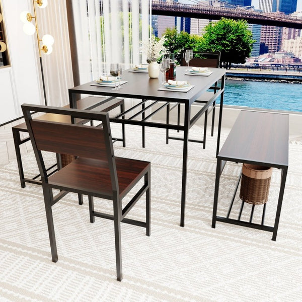 English Elm 6 Piece Industrial Dining Set Walnut Wood Grain Top with Built-In Wine Rack Storage Table + 2 Chairs + 2 Benches W3064S00014
