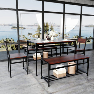 English Elm 6 Piece Industrial Dining Set Walnut Wood Grain Top with Built-In Wine Rack Storage Table + 2 Chairs + 2 Benches W3064S00014