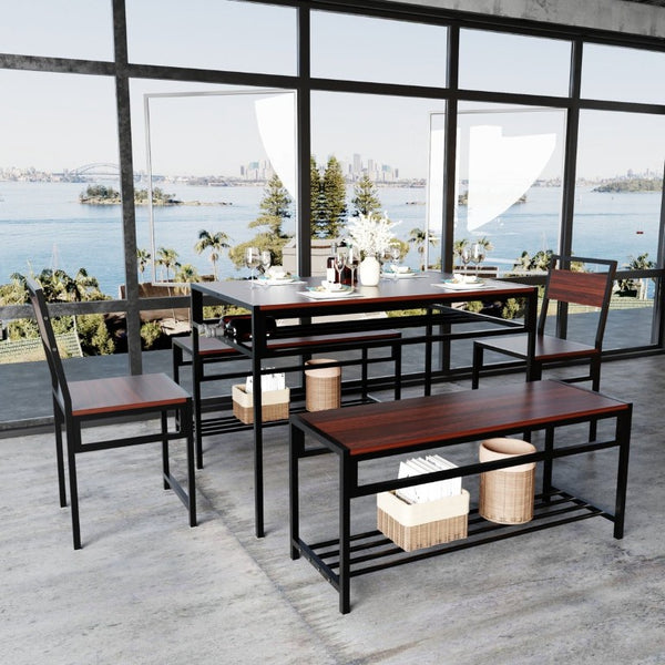 English Elm 6 Piece Industrial Dining Set Walnut Wood Grain Top with Built-In Wine Rack Storage Table + 2 Chairs + 2 Benches W3064S00014