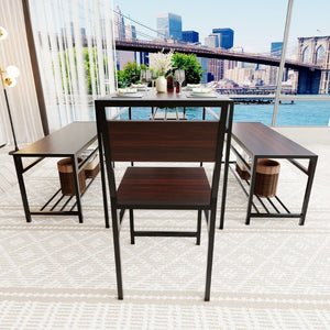 English Elm 6 Piece Industrial Dining Set Walnut Wood Grain Top with Built-In Wine Rack Storage Table + 2 Chairs + 2 Benches W3064S00014