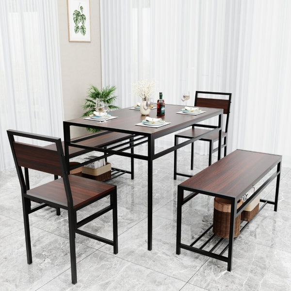 English Elm 6 Piece Industrial Dining Set Walnut Wood Grain Top with Built-In Wine Rack Storage Table + 2 Chairs + 2 Benches W3064S00014