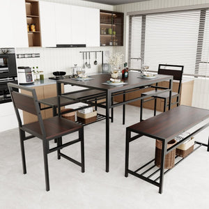 English Elm 6 Piece Industrial Dining Set Walnut Wood Grain Top with Built-In Wine Rack Storage Table + 2 Chairs + 2 Benches W3064S00014