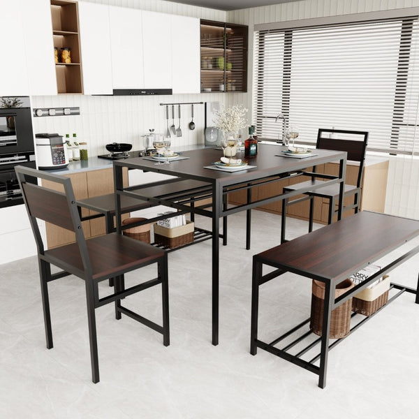 English Elm 6 Piece Industrial Dining Set Walnut Wood Grain Top with Built-In Wine Rack Storage Table + 2 Chairs + 2 Benches W3064S00014