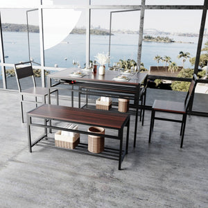 English Elm 6 Piece Industrial Dining Set Walnut Wood Grain Top with Built-In Wine Rack Storage Table + 2 Chairs + 2 Benches W3064S00014