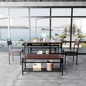 English Elm 6 Piece Industrial Dining Set Walnut Wood Grain Top with Built-In Wine Rack Storage Table + 2 Chairs + 2 Benches W3064S00014