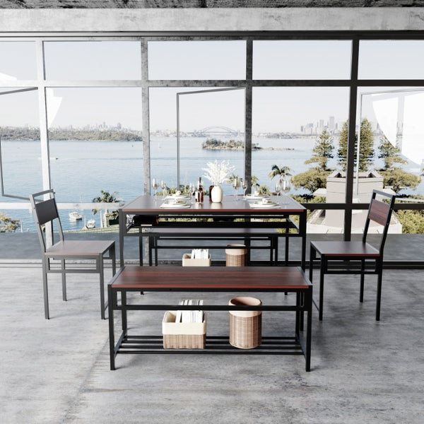 English Elm 6 Piece Industrial Dining Set Walnut Wood Grain Top with Built-In Wine Rack Storage Table + 2 Chairs + 2 Benches W3064S00014