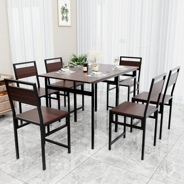 English Elm Extendable Dining Table and 6 Chairs Walnut Grain Black Iron Frame Industrial Set Table Set for 6 with 6 Chairs W3064S00015